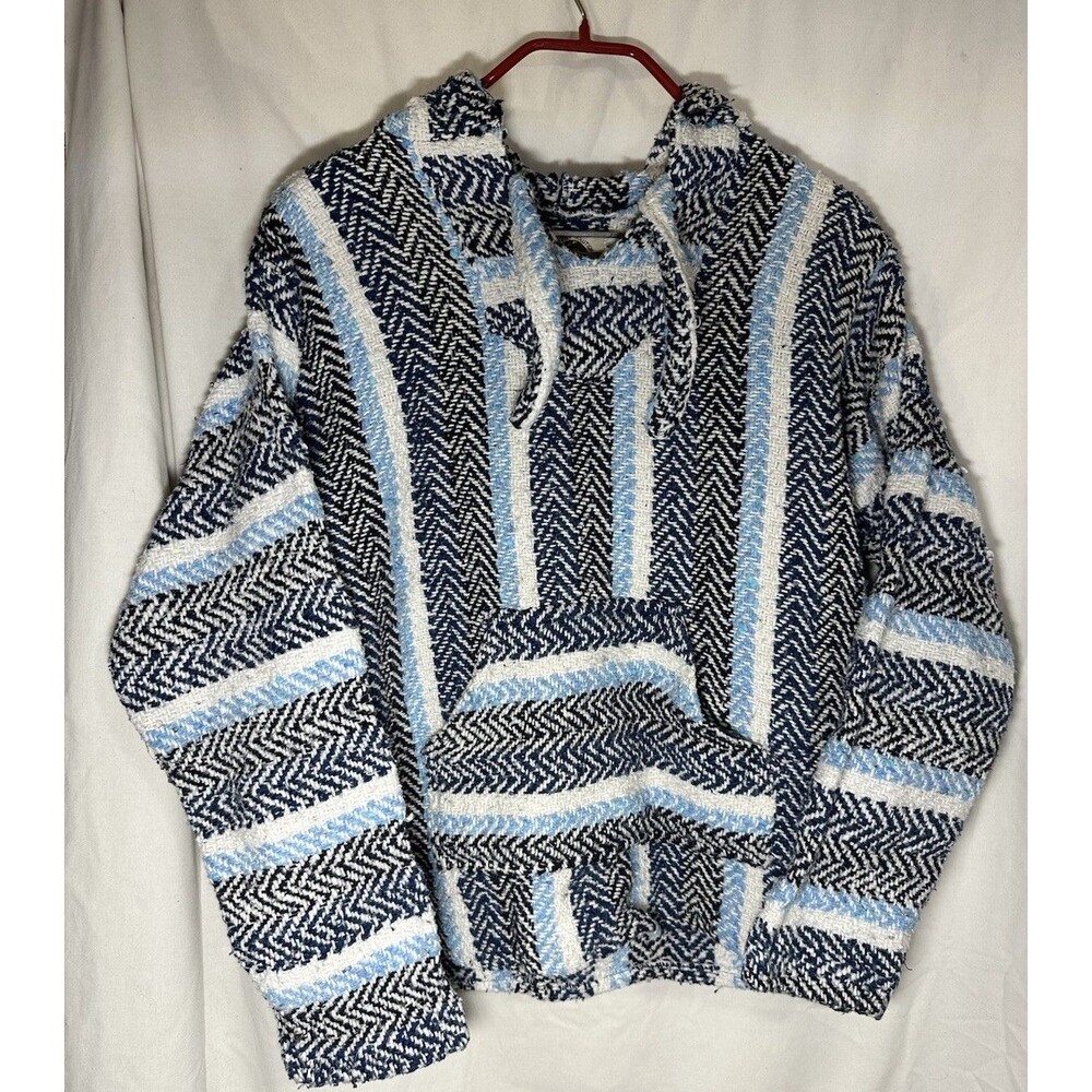 Earth Ragz Baja Hoodie Mens Small Blue White Striped Mexican Poncho Pullover S